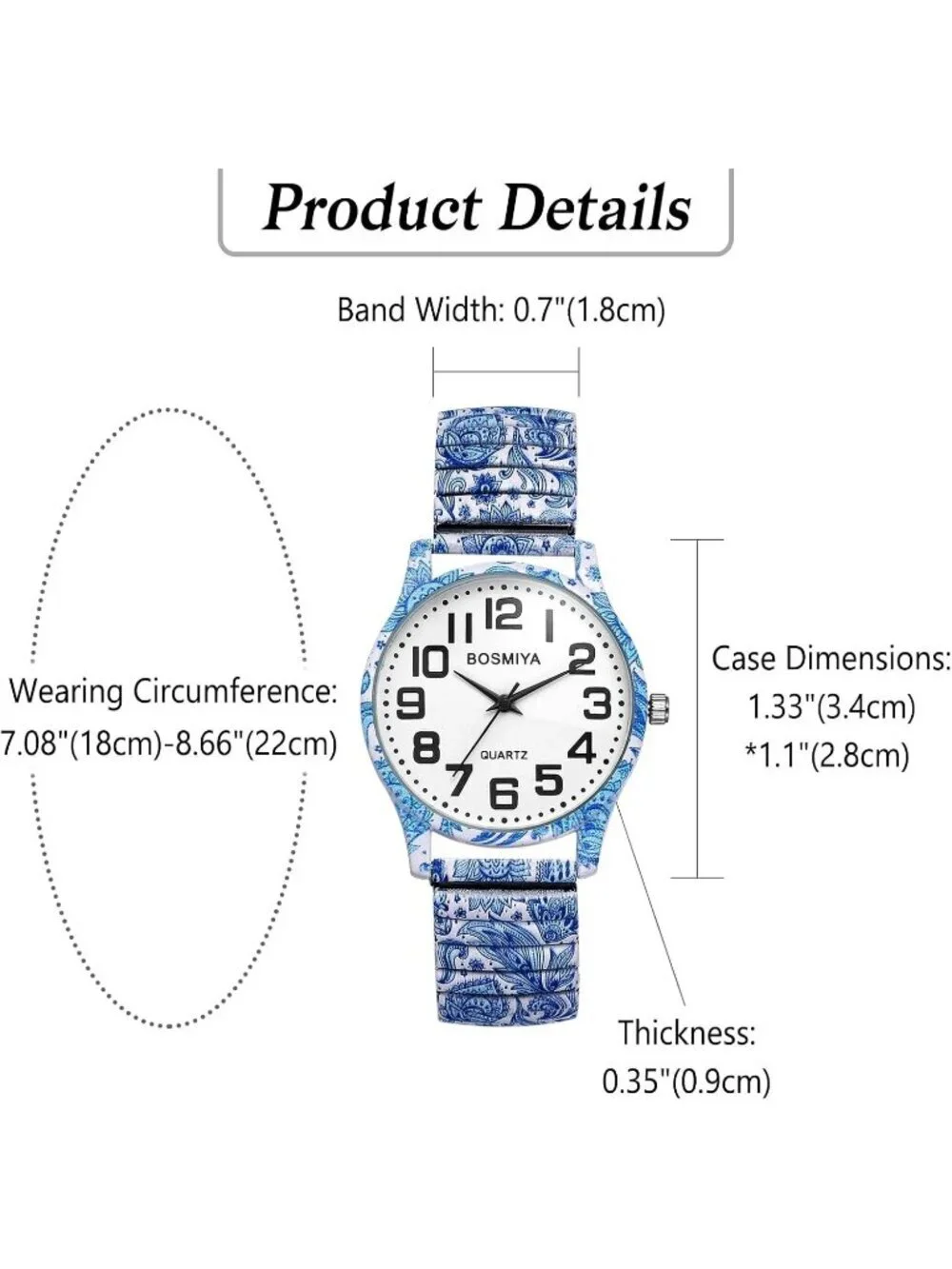 Women's Blue Flowers Analog Number Elastic Stretch Band Bohemia Bracelet Watch